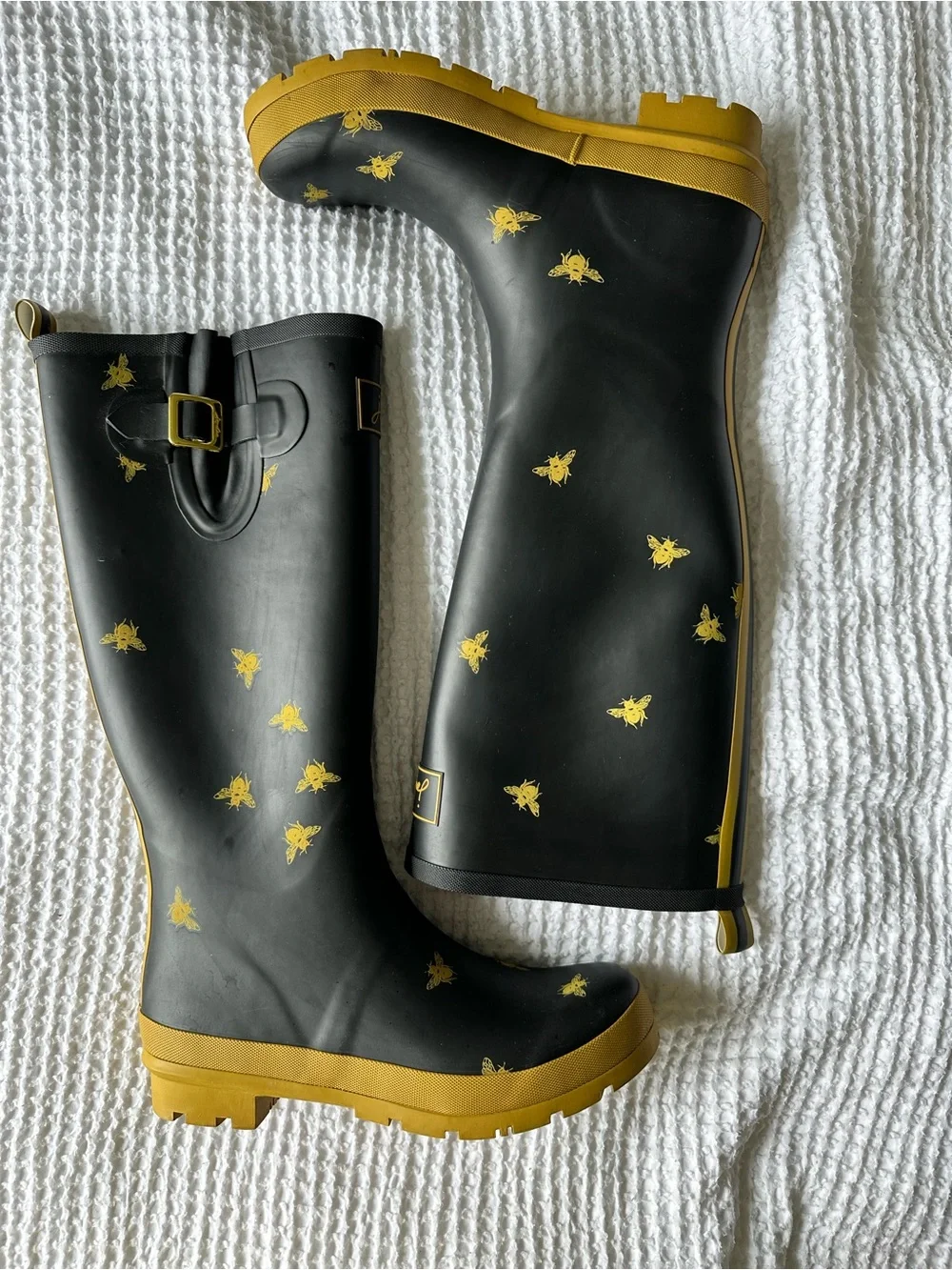 Joules Field Welly Womens Rain Boot Black Gold Bee Print Tall Rubber US 10 EU 42